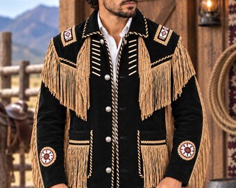 Men's Suede Western Fringe Jacket, Cowboy Embroidered Rodeo Coat, Suede Leather Western Jacket, Vintage Fringe Outerwear, Gift for Him