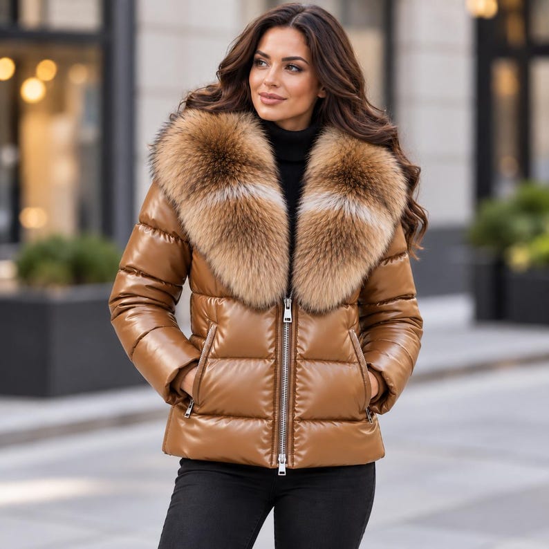 Women’s genuine leather puffer jacket with oversized faux fur collar, glossy quilted design, front zipper, and side zip pockets in multiple colors