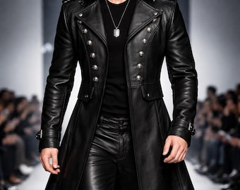 Herren Schwarz Leder Trenchcoat - Zweireihiger Matrix Gothic Military Style Mantel