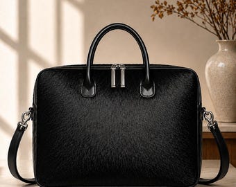 Hair-On Cowhide Laptop Bag, Structured Leather Briefcase, Professional Work Bag