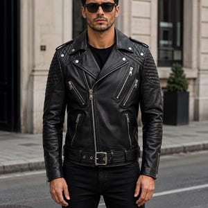 Men’s Black Leather Biker Jacket with Quilted Sleeves – Slim Fit Moto Style
