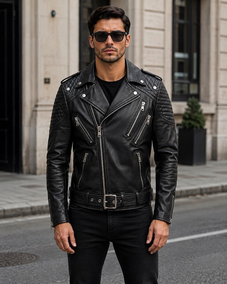 Man wearing black leather biker jacket with quilted sleeves, asymmetrical front zipper and belted waist in an urban evening setting.