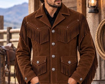 Men's Western Suede Fringe Leather Jacket, Cowboy Rodeo Style, Braided Trim, Concho Buttons