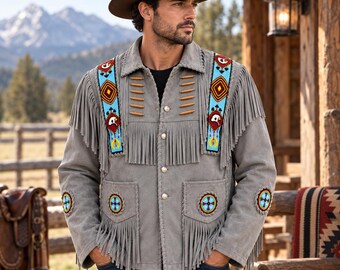Western Fringe Leather Jacket for Men, Suede Cowboy Jacket, Beaded Shoulder Jacket, Vintage Western Leather Coat, Rodeo Outerwear