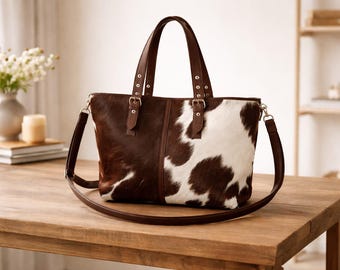 Cowhide Leather Tote Bag for Women, Hair-On Hide Shoulder Handbag, Western Cow Print Purse, Large Top Handle Carryall