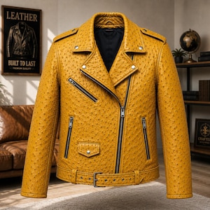 Men wearing style ostrich embossed cowhide leather biker jacket with asymmetrical front zipper, belted waist, lapel collar, zip pockets, premium motorcycle leather jacket available in multiple colors for casual riding and everyday fashion.