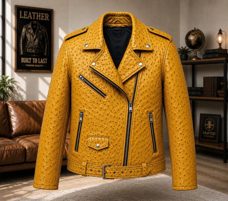 Men wearing style ostrich embossed cowhide leather biker jacket with asymmetrical front zipper, belted waist, lapel collar, zip pockets, premium motorcycle leather jacket available in multiple colors for casual riding and everyday fashion.