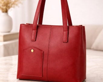Leather Tote Bag for Women, Large Work Handbag, Structured Office Purse, Front Pocket Shoulder Bag, Everyday Leather Tote