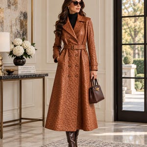 Ostrich Embossed Leather Trench Coat for Women, Genuine Leather Belted Double Breasted Long Winter Coat, Luxury Outerwear