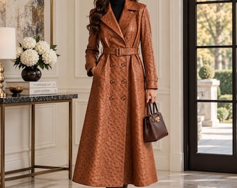 Ostrich Embossed Leather Trench Coat for Women, Genuine Leather Belted Double Breasted Long Winter Coat, Luxury Outerwear