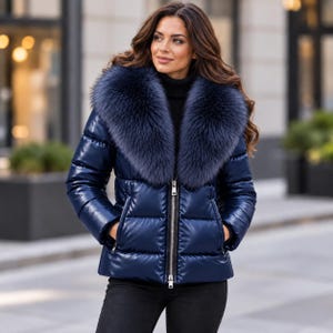 Women’s genuine leather puffer jacket with oversized faux fur collar, glossy quilted design, front zipper, and side zip pockets in multiple colors