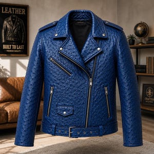 Men wearing style ostrich embossed cowhide leather biker jacket with asymmetrical front zipper, belted waist, lapel collar, zip pockets, premium motorcycle leather jacket available in multiple colors for casual riding and everyday fashion.
