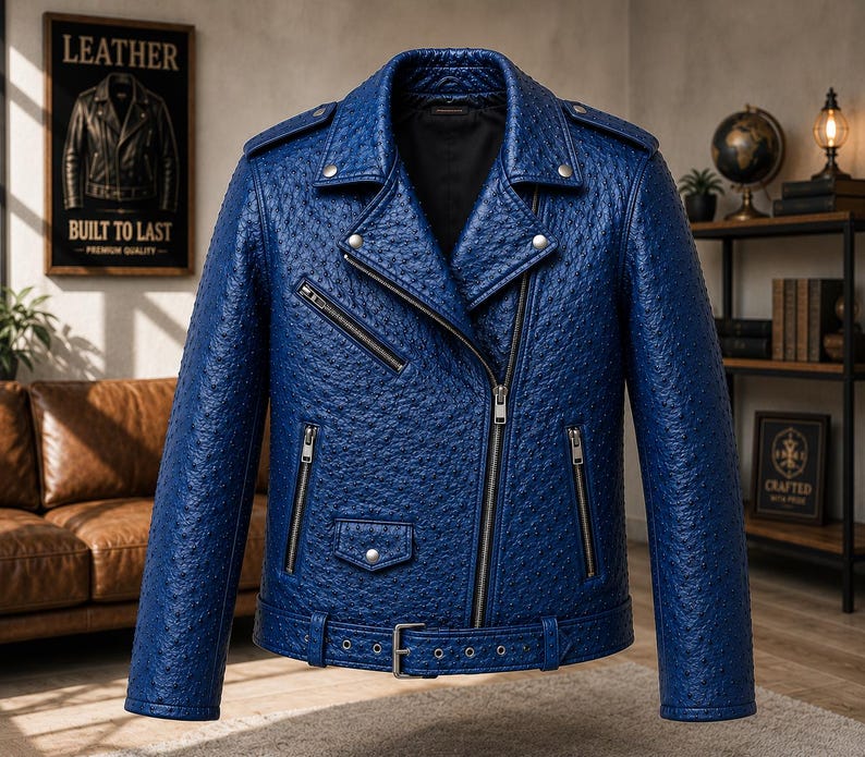 Men wearing style ostrich embossed cowhide leather biker jacket with asymmetrical front zipper, belted waist, lapel collar, zip pockets, premium motorcycle leather jacket available in multiple colors for casual riding and everyday fashion.