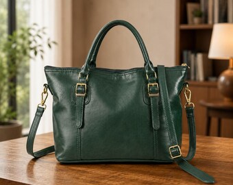 Vintage Leather Tote Bag for Women, Work Office Handbag, Large Shoulder Purse, Classic Everyday Carryall with Zipper