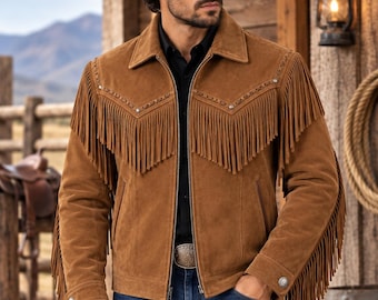 Men's Western Suede Fringe Leather Jacket, Cowboy Biker Style, Rodeo Outerwear