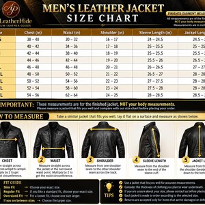May include: A leather jacket size chart featuring a table with measurements in inches for sizes XS to 5XL. It includes a how-to-measure guide with five diagrams showing chest, waist, shoulder, sleeve, and jacket length measurement points.