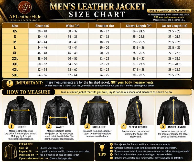 May include: A leather jacket size chart featuring a table with measurements in inches for sizes XS to 5XL. It includes a how-to-measure guide with five diagrams showing chest, waist, shoulder, sleeve, and jacket length measurement points.