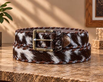 Hair On Cowhide Belt, Genuine Leather Western Belt, 1.5 Inch Handmade Belt, Men Women