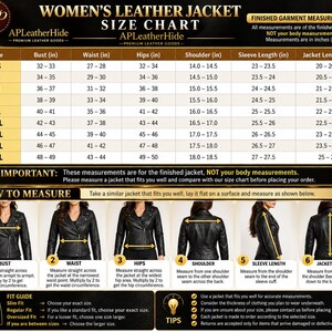 May include: A size chart for a leather jacket with a table listing measurements in inches for sizes XS through 5XL. The graphic includes six numbered diagrams demonstrating how to measure the bust, waist, hips, shoulders, sleeves, and jacket length.