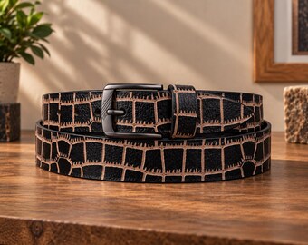Crocodile Embossed Leather Belt 1.5 Inch Wide Handmade Belt for Men Women Statement Waist Belt Black Chrome Gold