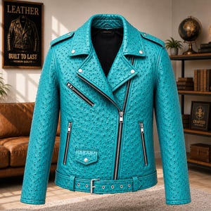 Men wearing style ostrich embossed cowhide leather biker jacket with asymmetrical front zipper, belted waist, lapel collar, zip pockets, premium motorcycle leather jacket available in multiple colors for casual riding and everyday fashion.