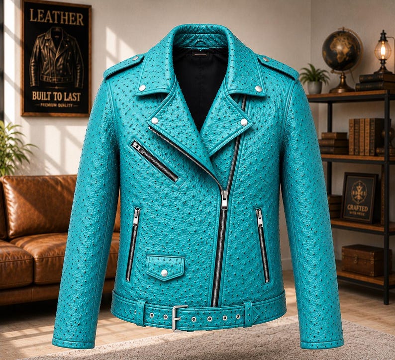 Men wearing style ostrich embossed cowhide leather biker jacket with asymmetrical front zipper, belted waist, lapel collar, zip pockets, premium motorcycle leather jacket available in multiple colors for casual riding and everyday fashion.