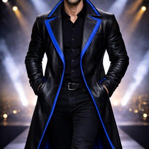 Man wearing a black leather trench coat with contrast trim in yellow, red, blue, purple, and white, matrix style long coat with futuristic gothic design, tailored fit, perfect for streetwear and winter fashion.