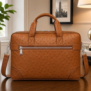 Ostrich Embossed Leather Laptop Bag, Professionell Portfölj Messenger, Passar 15,5-tums laptop
