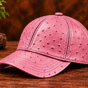 Rose Pink Ostrich-Embossed Genuine Leather Baseball Cap – Bold Luxury Streetwear