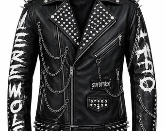Men’s Studded Punk Leather Biker Jacket – Spiked Rock Motorcycle Style