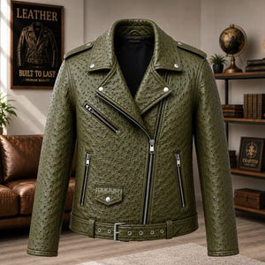 Men wearing style ostrich embossed cowhide leather biker jacket with asymmetrical front zipper, belted waist, lapel collar, zip pockets, premium motorcycle leather jacket available in multiple colors for casual riding and everyday fashion.