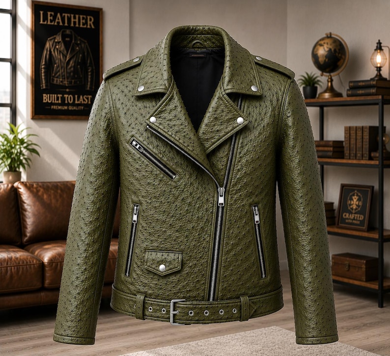 Men wearing style ostrich embossed cowhide leather biker jacket with asymmetrical front zipper, belted waist, lapel collar, zip pockets, premium motorcycle leather jacket available in multiple colors for casual riding and everyday fashion.
