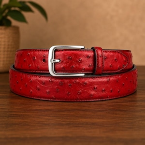 Red Ostrich Embossed Leather Belt – Handmade Classic Dress Waist Belt 1.25"