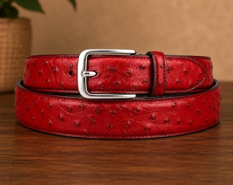 Red Ostrich Embossed Leather Belt – Handmade Classic Dress Waist Belt 1.25"