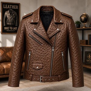 Men wearing style ostrich embossed cowhide leather biker jacket with asymmetrical front zipper, belted waist, lapel collar, zip pockets, premium motorcycle leather jacket available in multiple colors for casual riding and everyday fashion.