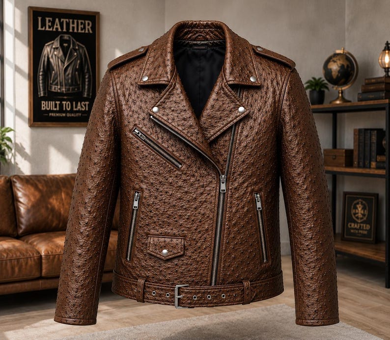 Men wearing style ostrich embossed cowhide leather biker jacket with asymmetrical front zipper, belted waist, lapel collar, zip pockets, premium motorcycle leather jacket available in multiple colors for casual riding and everyday fashion.