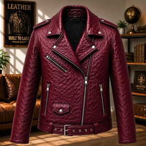 Men wearing style ostrich embossed cowhide leather biker jacket with asymmetrical front zipper, belted waist, lapel collar, zip pockets, premium motorcycle leather jacket available in multiple colors for casual riding and everyday fashion.