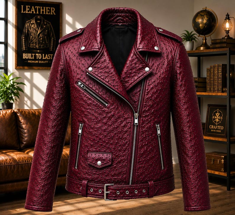 Men wearing style ostrich embossed cowhide leather biker jacket with asymmetrical front zipper, belted waist, lapel collar, zip pockets, premium motorcycle leather jacket available in multiple colors for casual riding and everyday fashion.