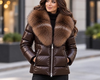 Faux Fur Collar Leather Puffer Jacket for Women – Quilted Genuine Leather Winter Coat