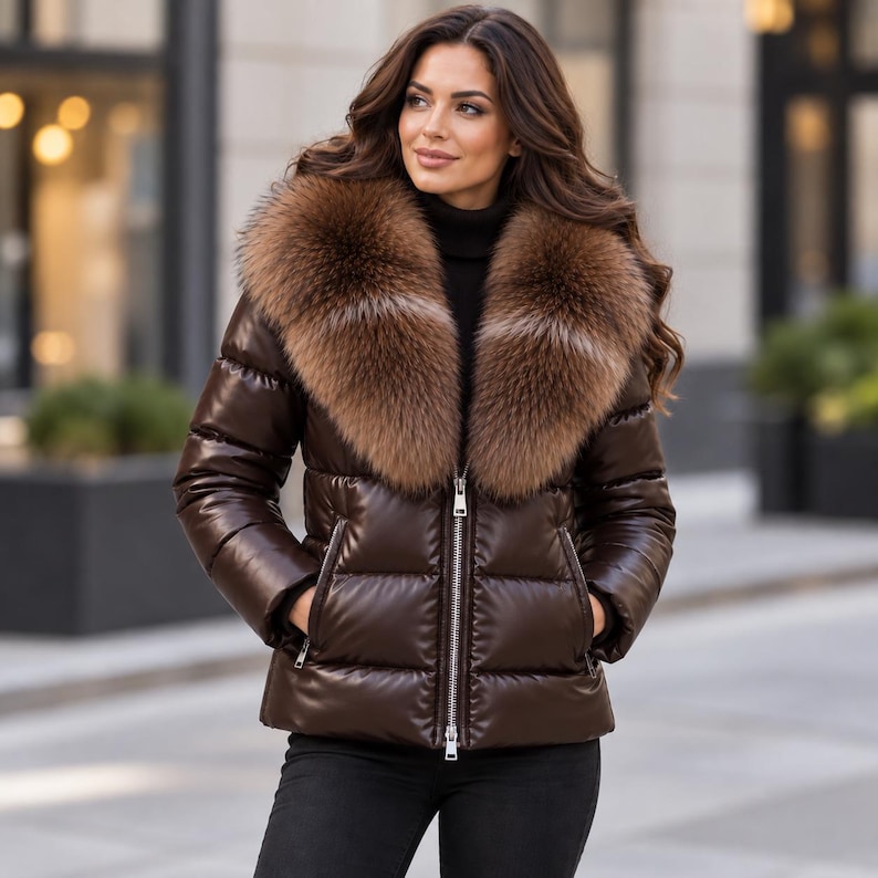 Women’s genuine leather puffer jacket with oversized faux fur collar, glossy quilted design, front zipper, and side zip pockets in multiple colors