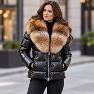 Women’s genuine leather puffer jacket with oversized faux fur collar, glossy quilted design, front zipper, and side zip pockets in multiple colors