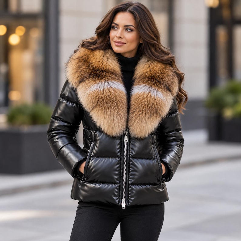 Women’s genuine leather puffer jacket with oversized faux fur collar, glossy quilted design, front zipper, and side zip pockets in multiple colors