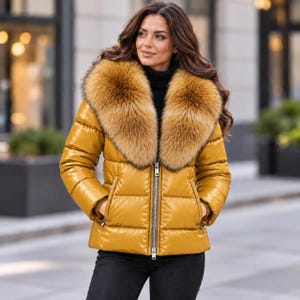 Women’s genuine leather puffer jacket with oversized faux fur collar, glossy quilted design, front zipper, and side zip pockets in multiple colors
