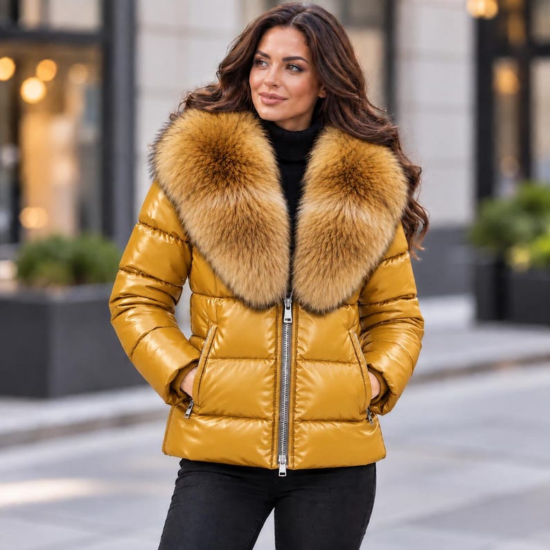 Women’s genuine leather puffer jacket with oversized faux fur collar, glossy quilted design, front zipper, and side zip pockets in multiple colors