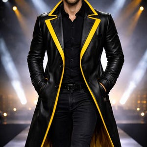 Man wearing a black leather trench coat with contrast trim in yellow, red, blue, purple, and white, matrix style long coat with futuristic gothic design, tailored fit, perfect for streetwear and winter fashion.