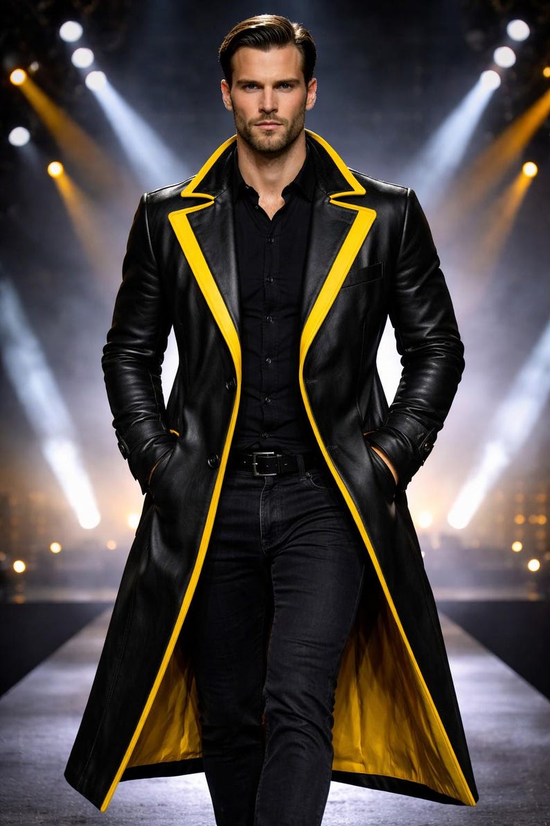 Man wearing a black leather trench coat with contrast trim in yellow, red, blue, purple, and white, matrix style long coat with futuristic gothic design, tailored fit, perfect for streetwear and winter fashion.