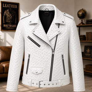Men wearing style ostrich embossed cowhide leather biker jacket with asymmetrical front zipper, belted waist, lapel collar, zip pockets, premium motorcycle leather jacket available in multiple colors for casual riding and everyday fashion.