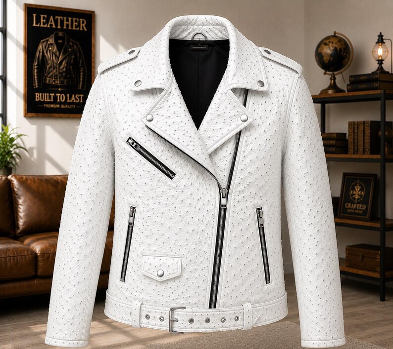 Men wearing style ostrich embossed cowhide leather biker jacket with asymmetrical front zipper, belted waist, lapel collar, zip pockets, premium motorcycle leather jacket available in multiple colors for casual riding and everyday fashion.