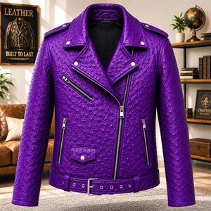 Men wearing style ostrich embossed cowhide leather biker jacket with asymmetrical front zipper, belted waist, lapel collar, zip pockets, premium motorcycle leather jacket available in multiple colors for casual riding and everyday fashion.