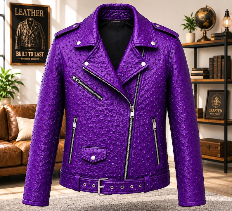 Men wearing style ostrich embossed cowhide leather biker jacket with asymmetrical front zipper, belted waist, lapel collar, zip pockets, premium motorcycle leather jacket available in multiple colors for casual riding and everyday fashion.